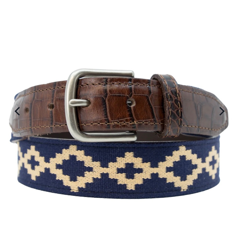 Brown Leather & Navy Patterned Men's Belt